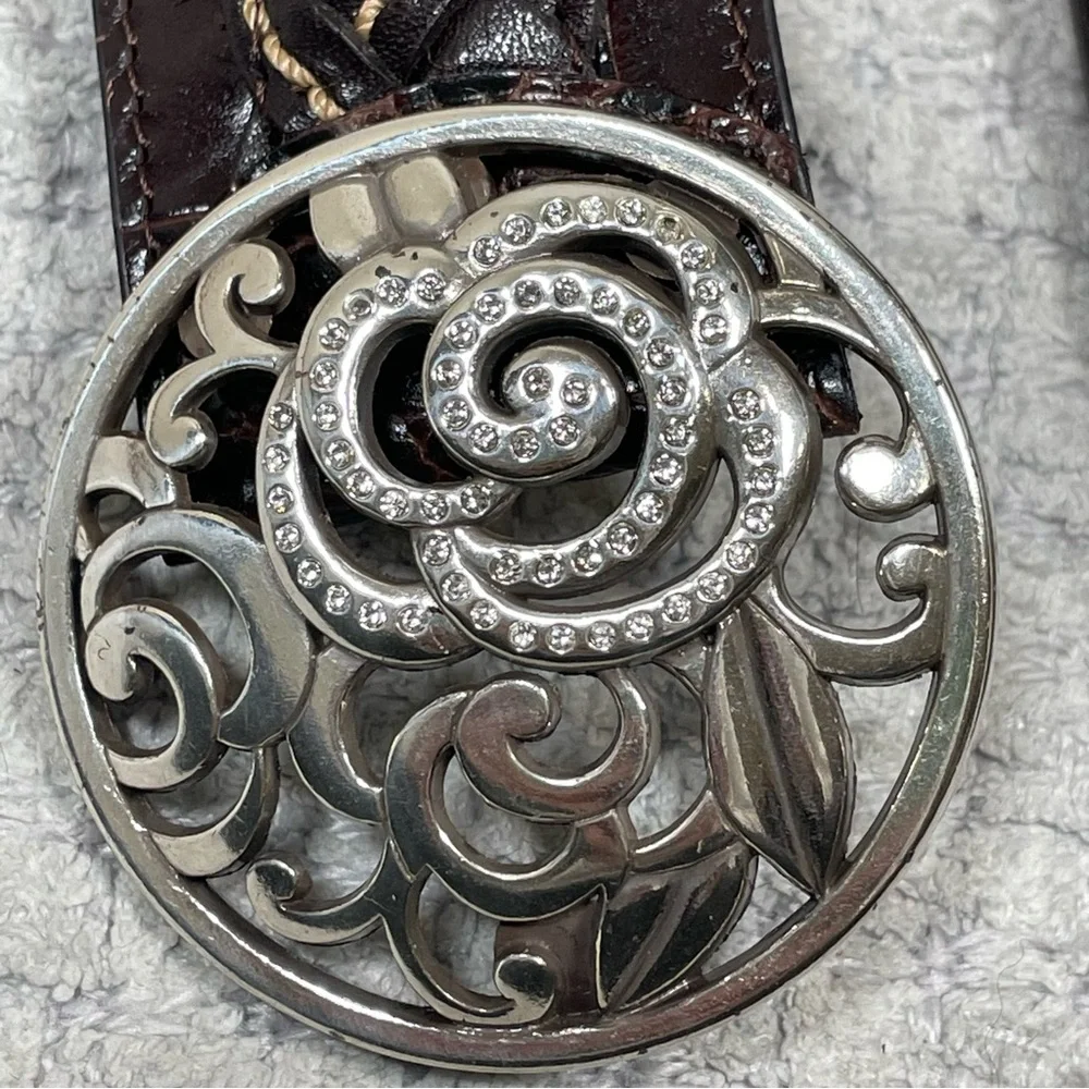 BRIGHTON Belt Brown Woven Croc Leather Concho Rhinestones Silvertone Size 36